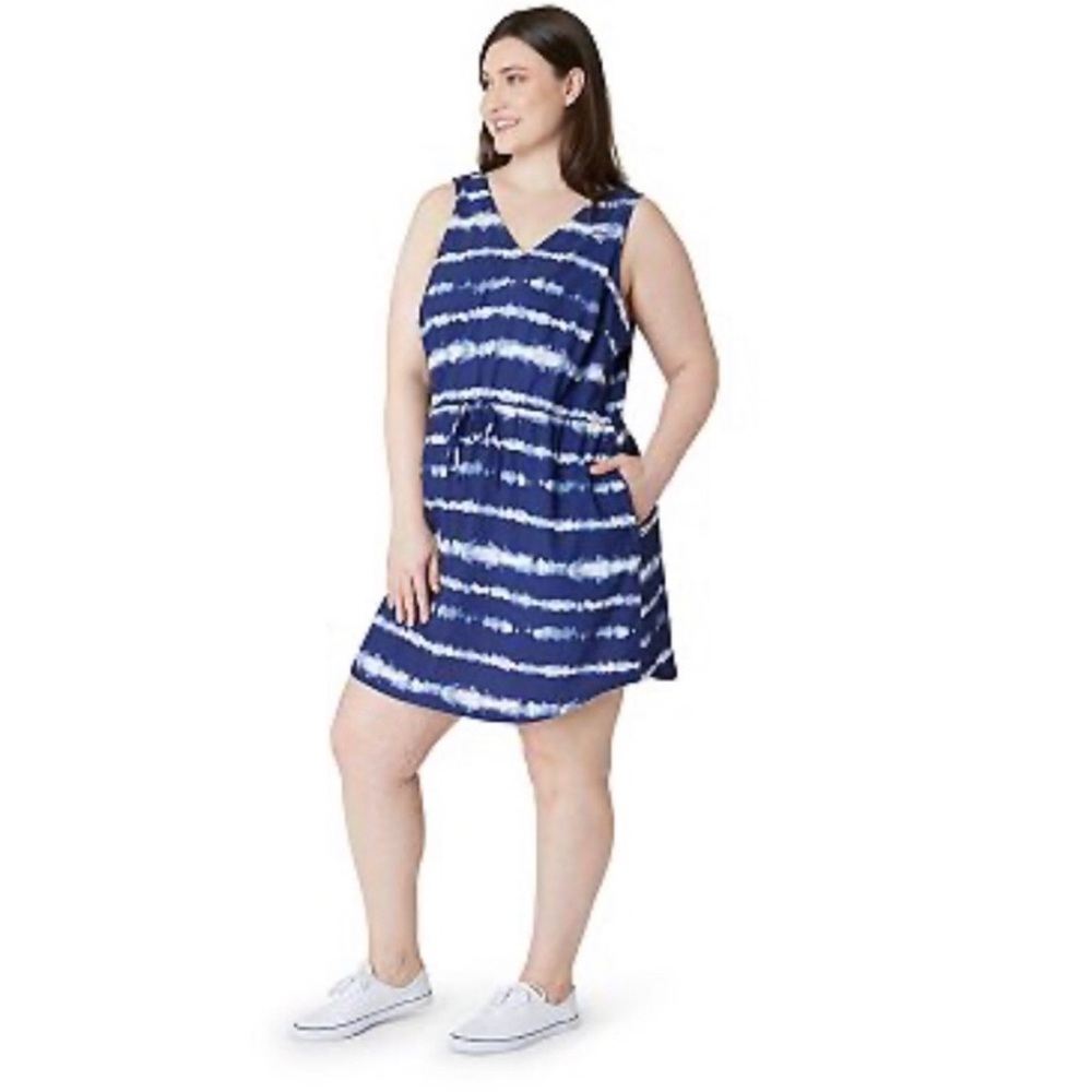 Eddie Bauer Spindrift Tie Waist Tank Dress, Blue and White Striped Tie Dye 2X - Picture 4 of 16